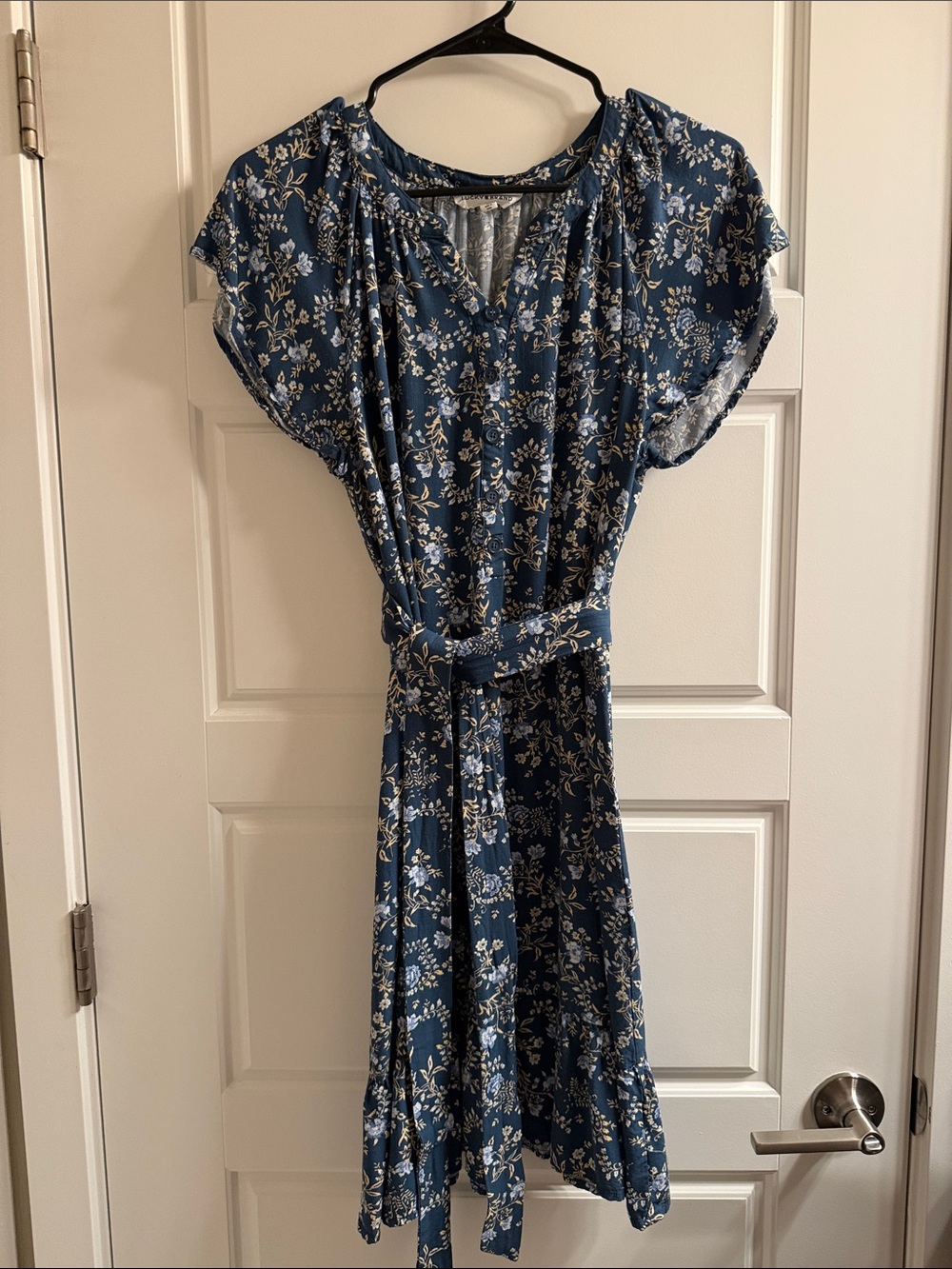 Lucky Brand Blue Floral Midi Dress with Self-Tie Belt